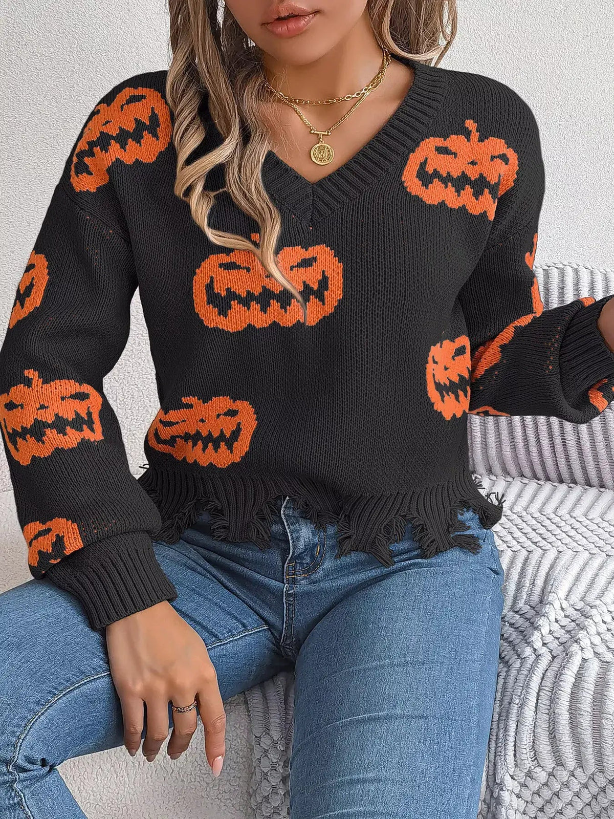Pumpkin Distressed Hem Sweater - Bitsy Gypsy Boutique