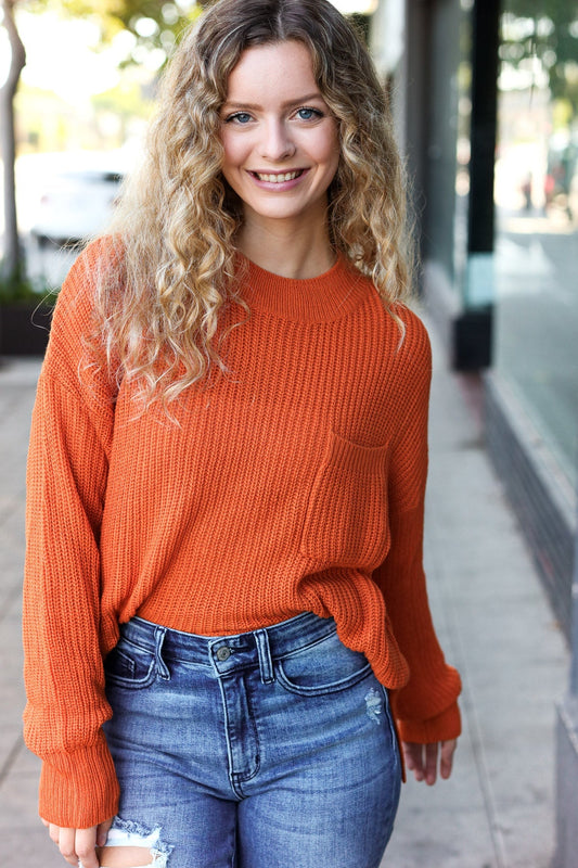 Pumpkin Spice Mock Neck Chest Pocket Knit Sweater - Bitsy Gypsy Boutique