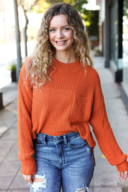 Pumpkin Spice Mock Neck Chest Pocket Knit Sweater - Bitsy Gypsy Boutique