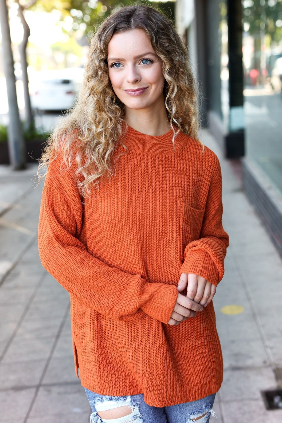 Pumpkin Spice Mock Neck Chest Pocket Knit Sweater - Bitsy Gypsy Boutique