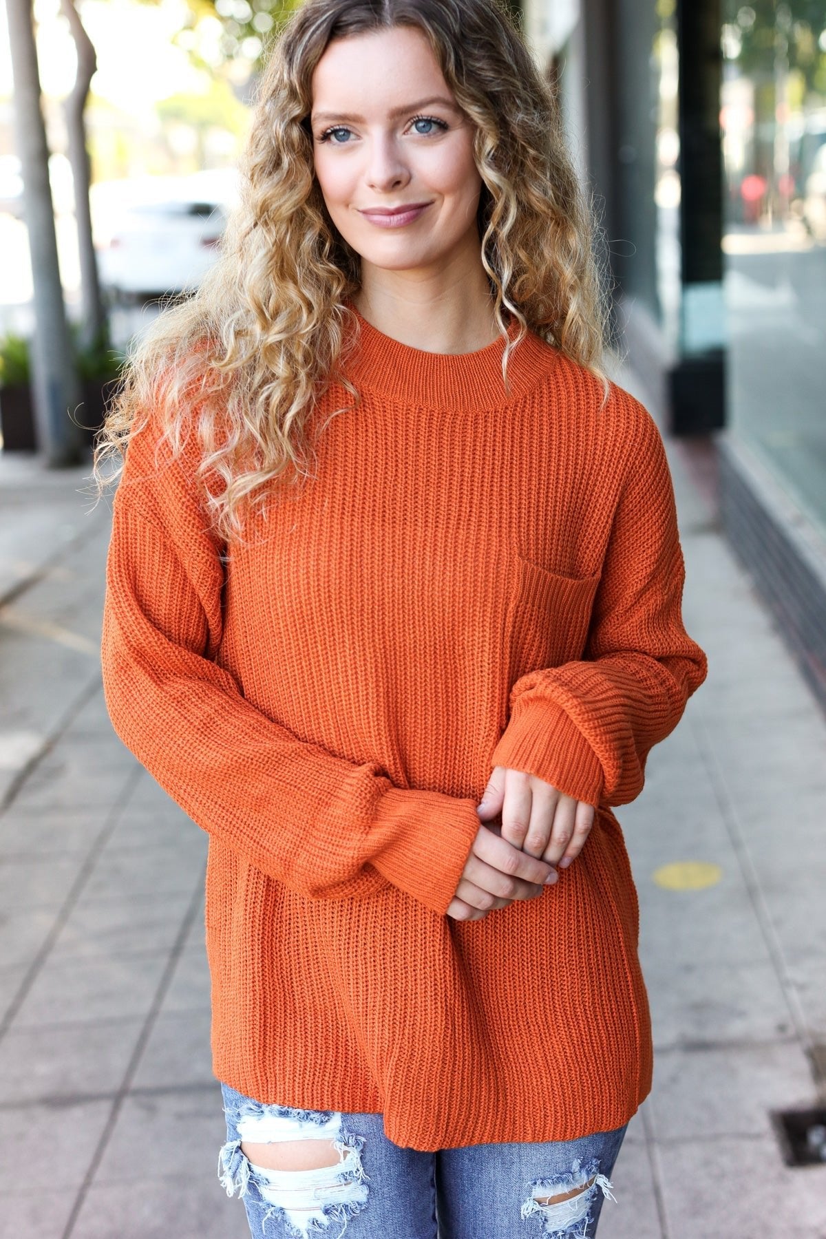 Pumpkin Spice Mock Neck Chest Pocket Knit Sweater - Bitsy Gypsy Boutique
