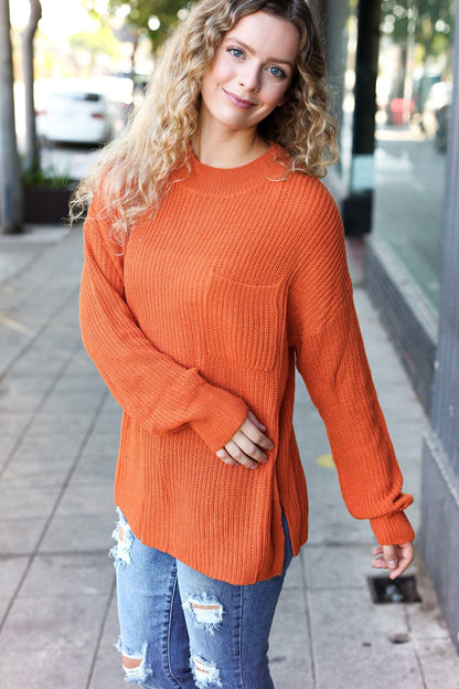 Pumpkin Spice Mock Neck Chest Pocket Knit Sweater - Bitsy Gypsy Boutique