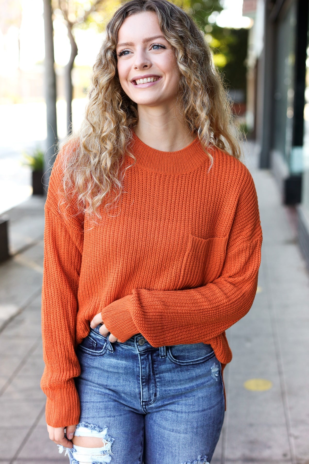 Pumpkin Spice Mock Neck Chest Pocket Knit Sweater - Bitsy Gypsy Boutique