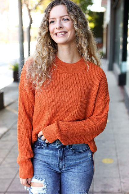 Pumpkin Spice Mock Neck Chest Pocket Knit Sweater - Bitsy Gypsy Boutique