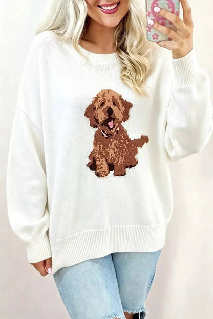 Puppy Graphic Round Neck White Sweater - Bitsy Gypsy Boutique