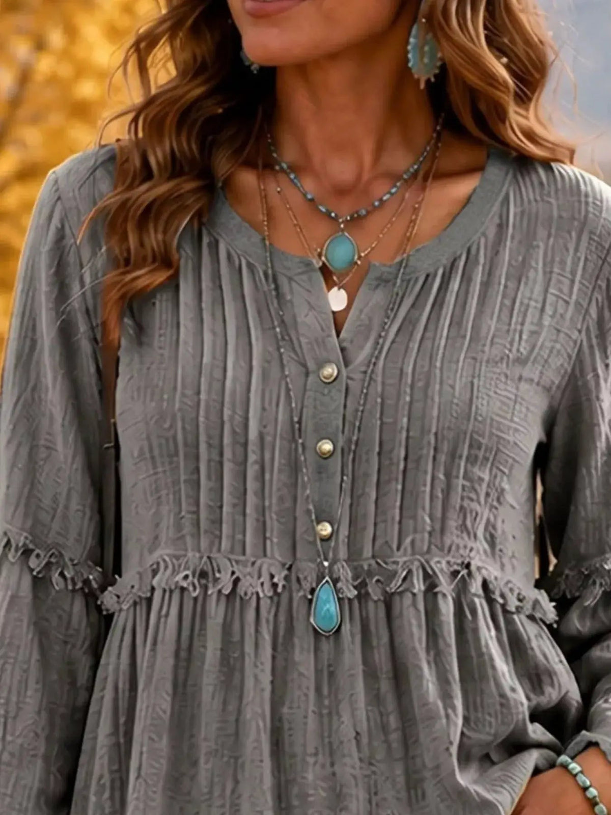 Purple Button Front Fringe Trim Ruffle Sleeve Blouse - Bitsy Gypsy Boutique