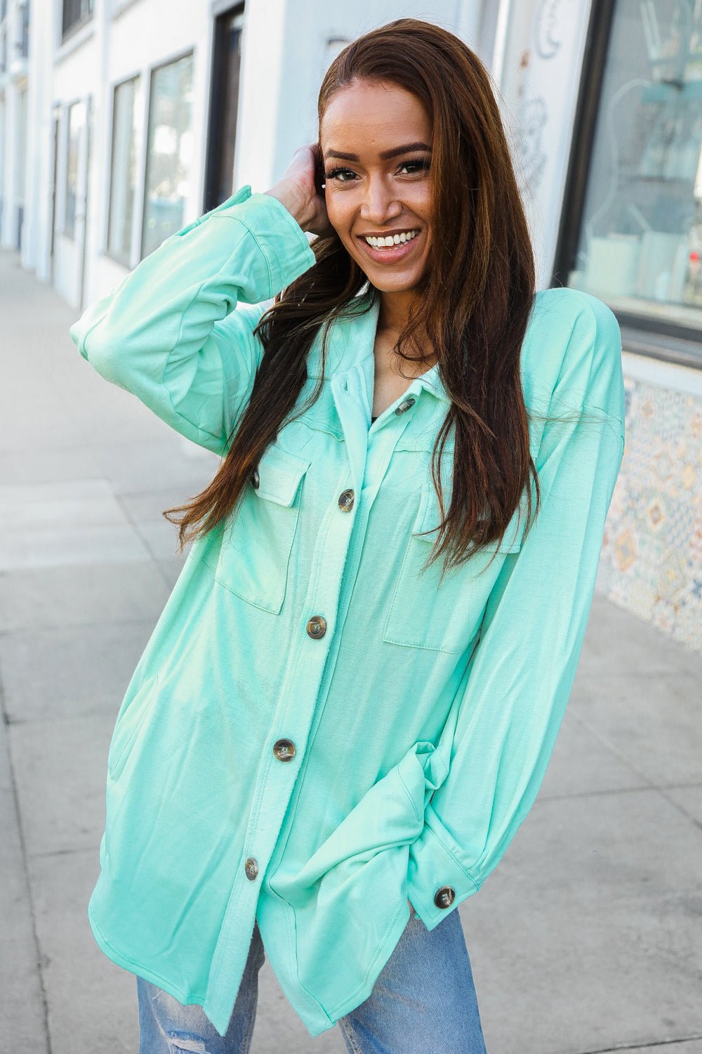 Put Together Mint Cut - Edge Button - Down Long Shirt Top - Bitsy Gypsy Boutique