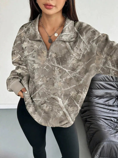 Quarter-Zip Printed Sweatshirt with Ribbed Cuffs - Bitsy Gypsy Boutique