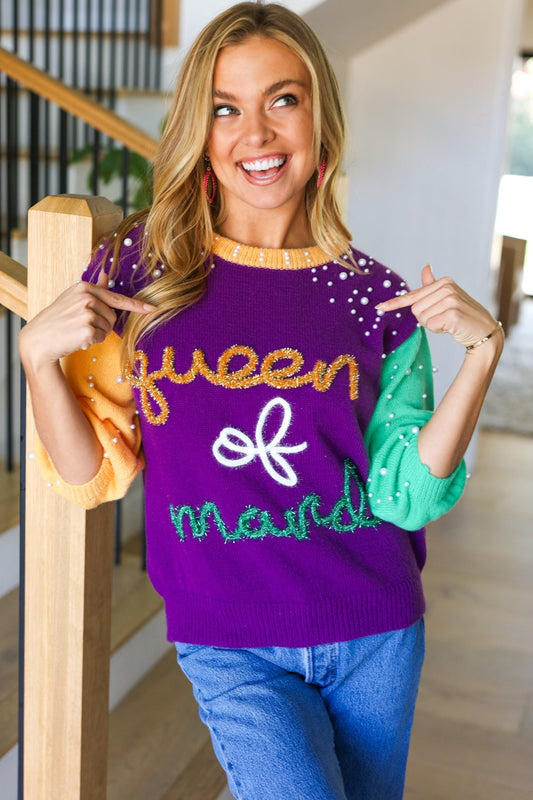 "Queen of Mardi" Pearl & Tinsel Color Block Knit Top - Bitsy Gypsy Boutique