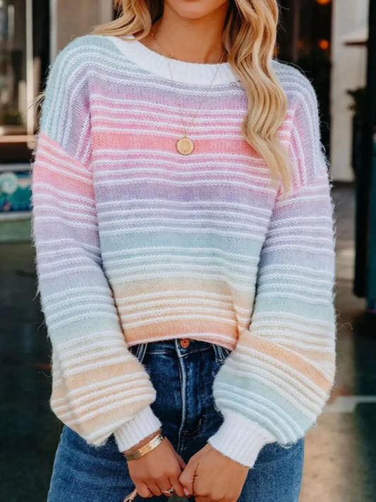 Rainbow Striped Dropped Shoulder Sweater by Trendsi