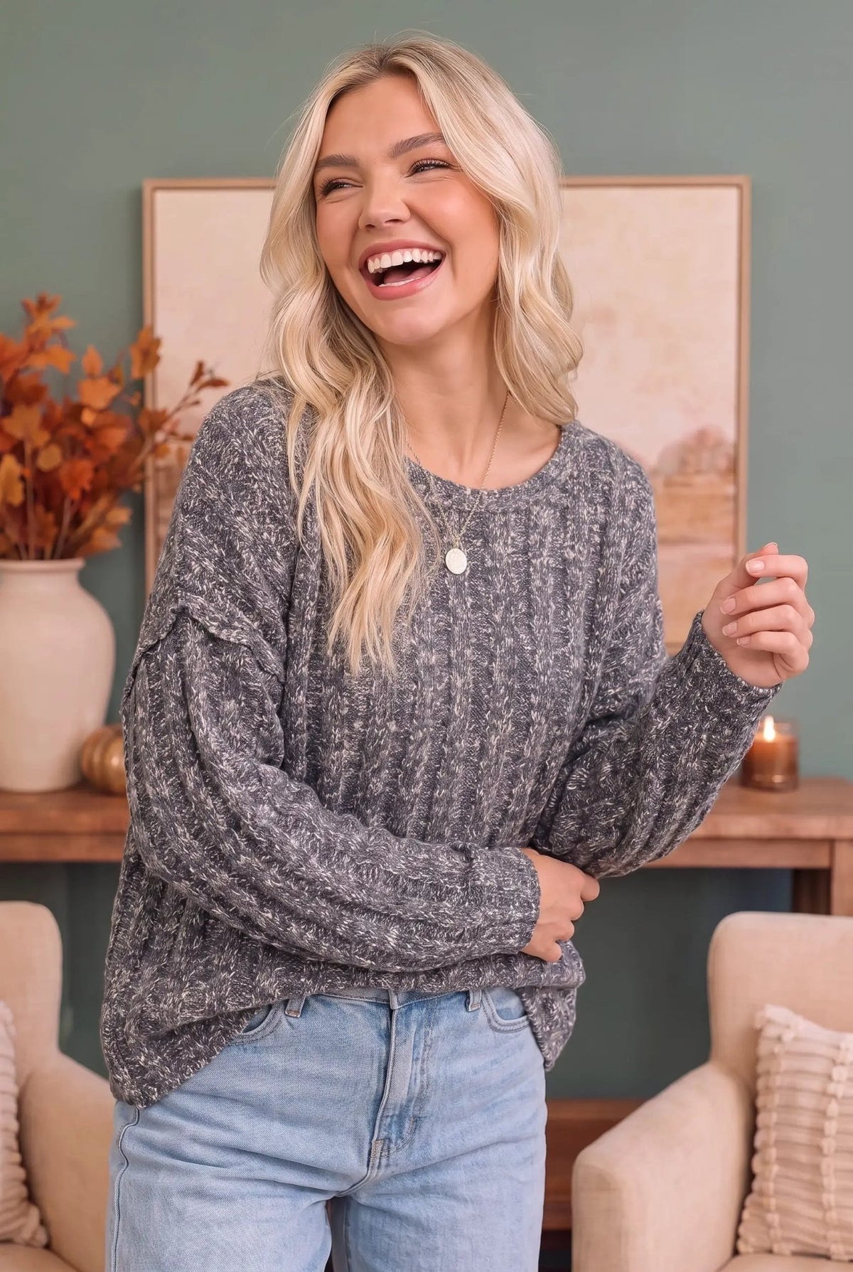 Rainy Weather Cable Knit Sweater in Heathered Purple - Bitsy Gypsy Boutique