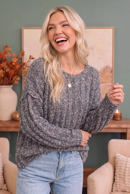 Rainy Weather Cable Knit Sweater in Heathered Purple - Bitsy Gypsy Boutique