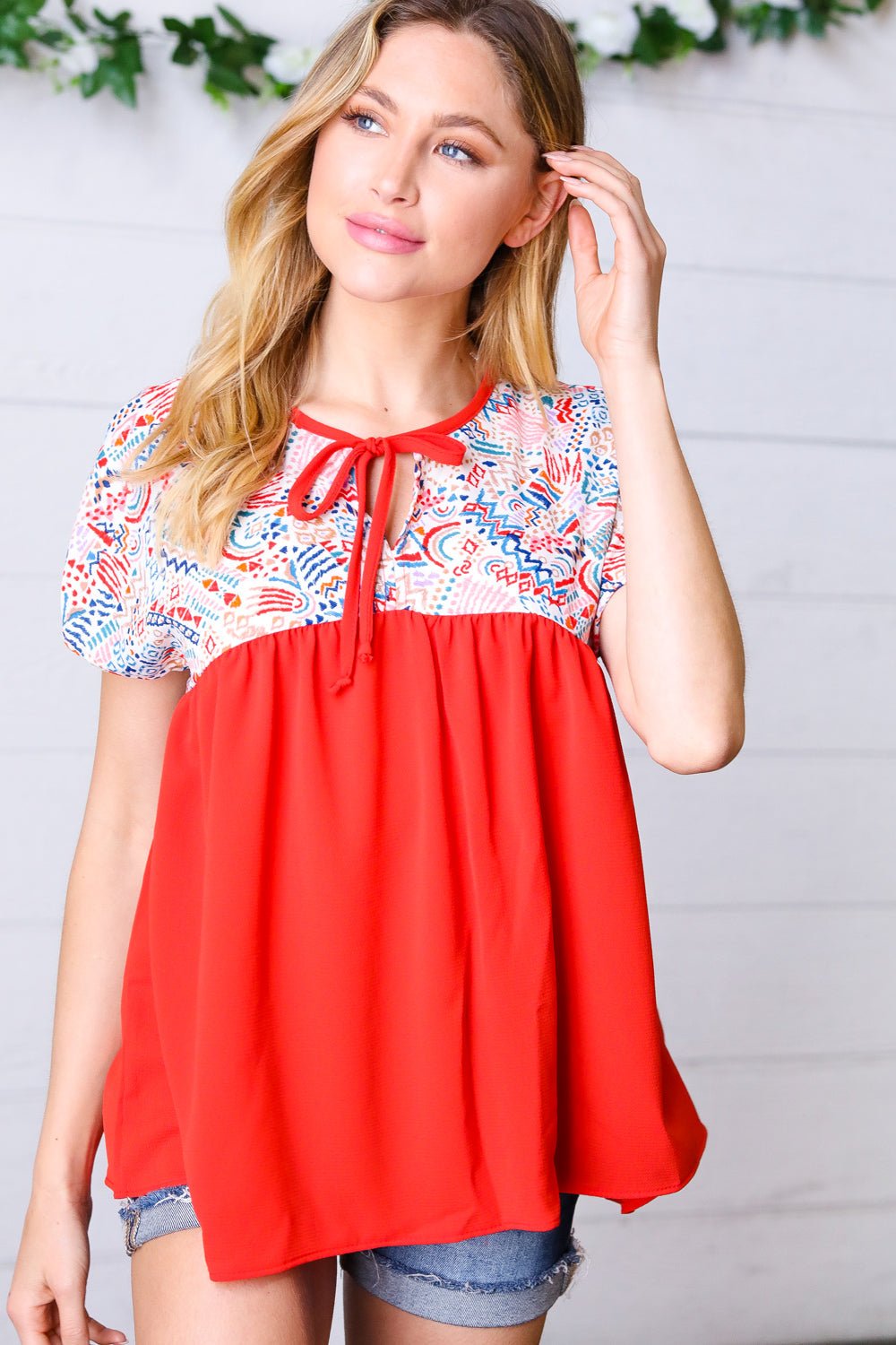 Red Boho Print Tie Neck Dolman Top - Bitsy Gypsy Boutique