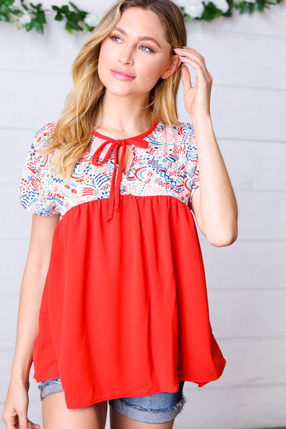 Red Boho Print Tie Neck Dolman Top - Bitsy Gypsy Boutique