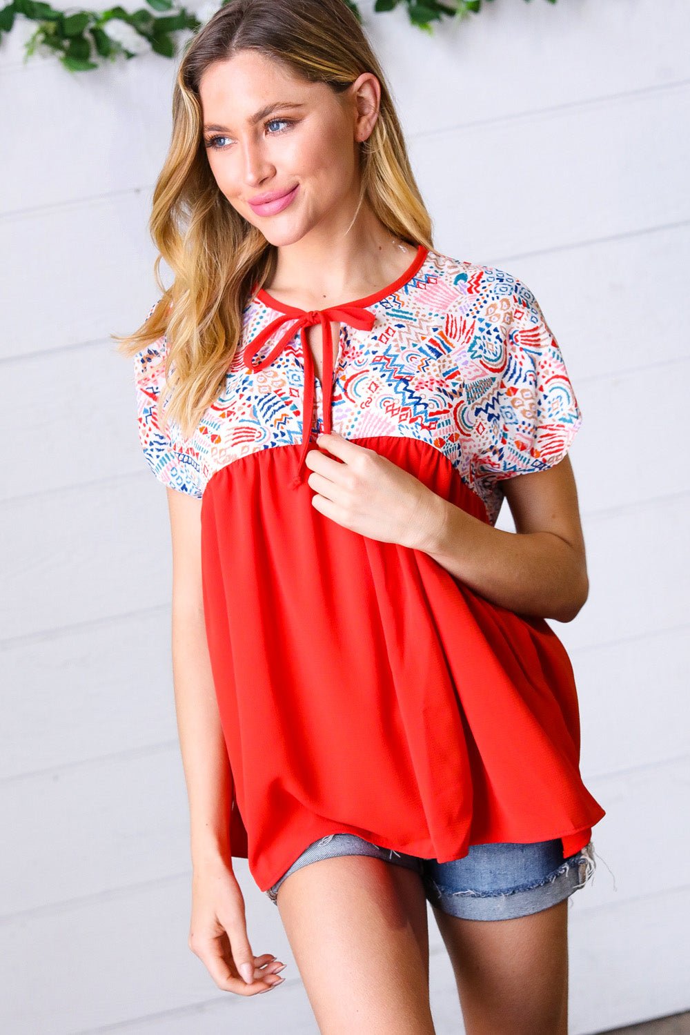 Red Boho Print Tie Neck Dolman Top - Bitsy Gypsy Boutique