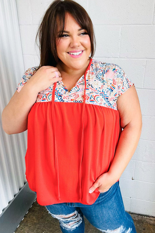Red Boho Print Tie Neck Dolman Top - Bitsy Gypsy Boutique