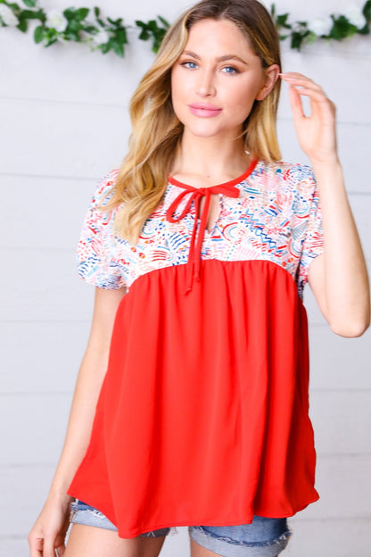 Red Boho Print Tie Neck Dolman Top - Bitsy Gypsy Boutique