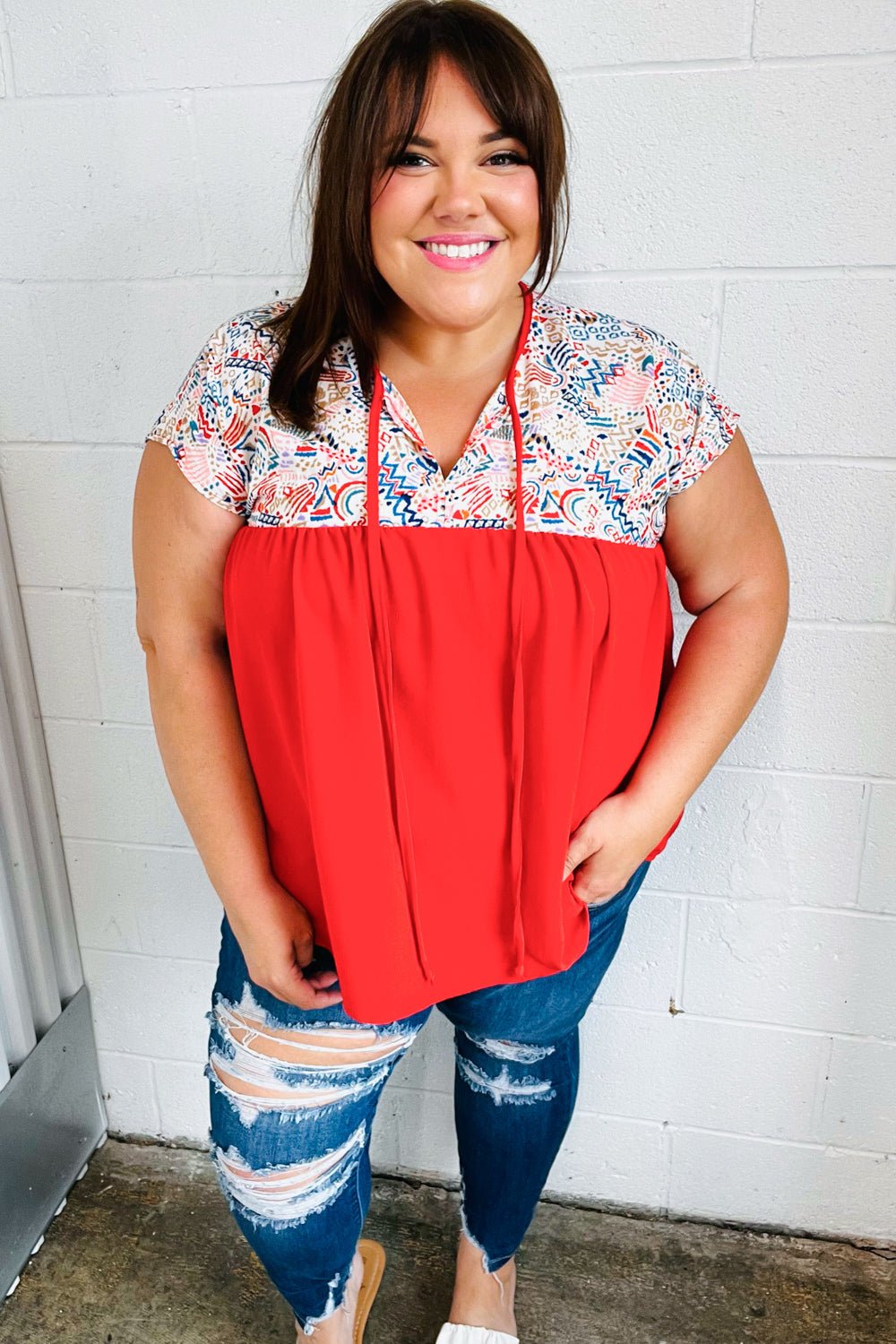 Red Boho Print Tie Neck Dolman Top - Bitsy Gypsy Boutique