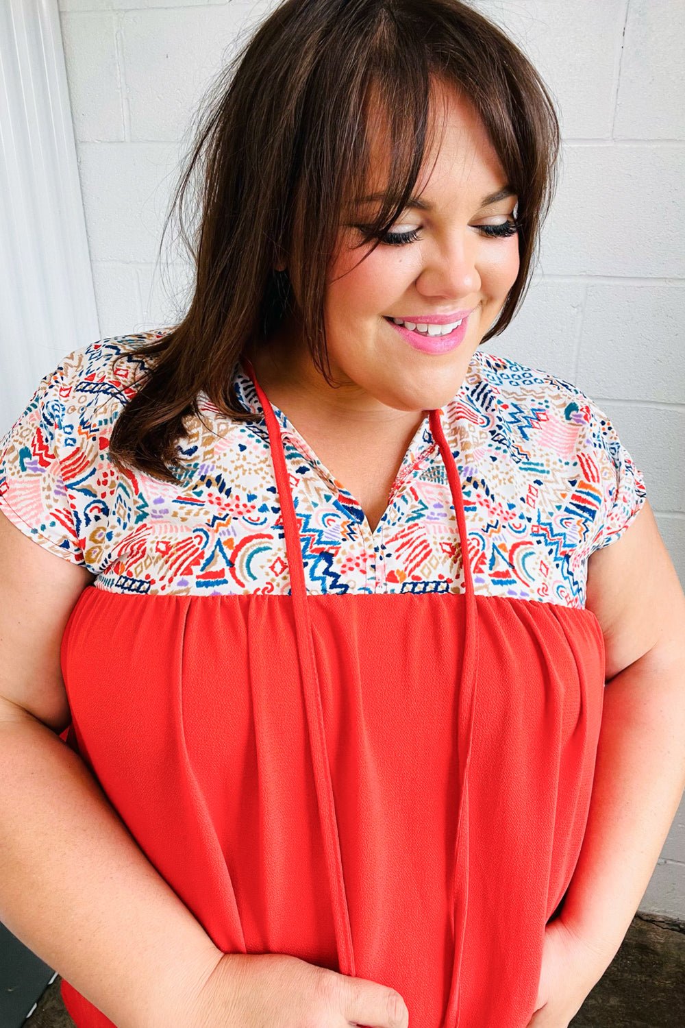 Red Boho Print Tie Neck Dolman Top - Bitsy Gypsy Boutique