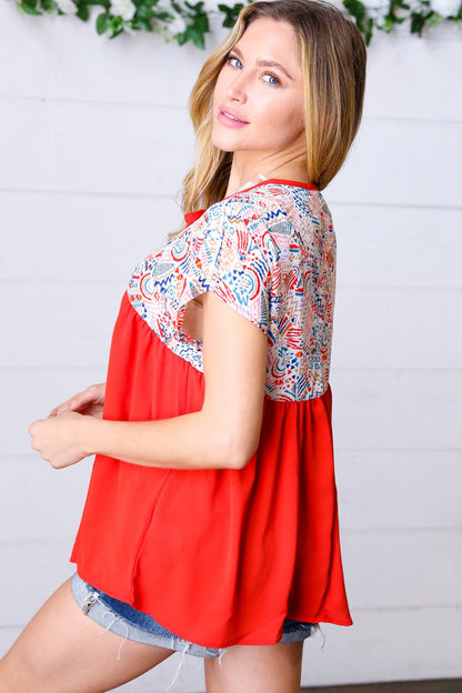 Red Boho Print Tie Neck Dolman Top - Bitsy Gypsy Boutique