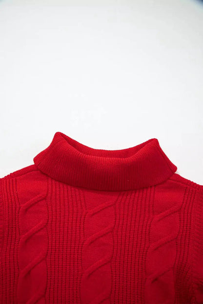 Red Cable Knit Turtleneck Ruffled Short Sleeve Sweater - Bitsy Gypsy Boutique