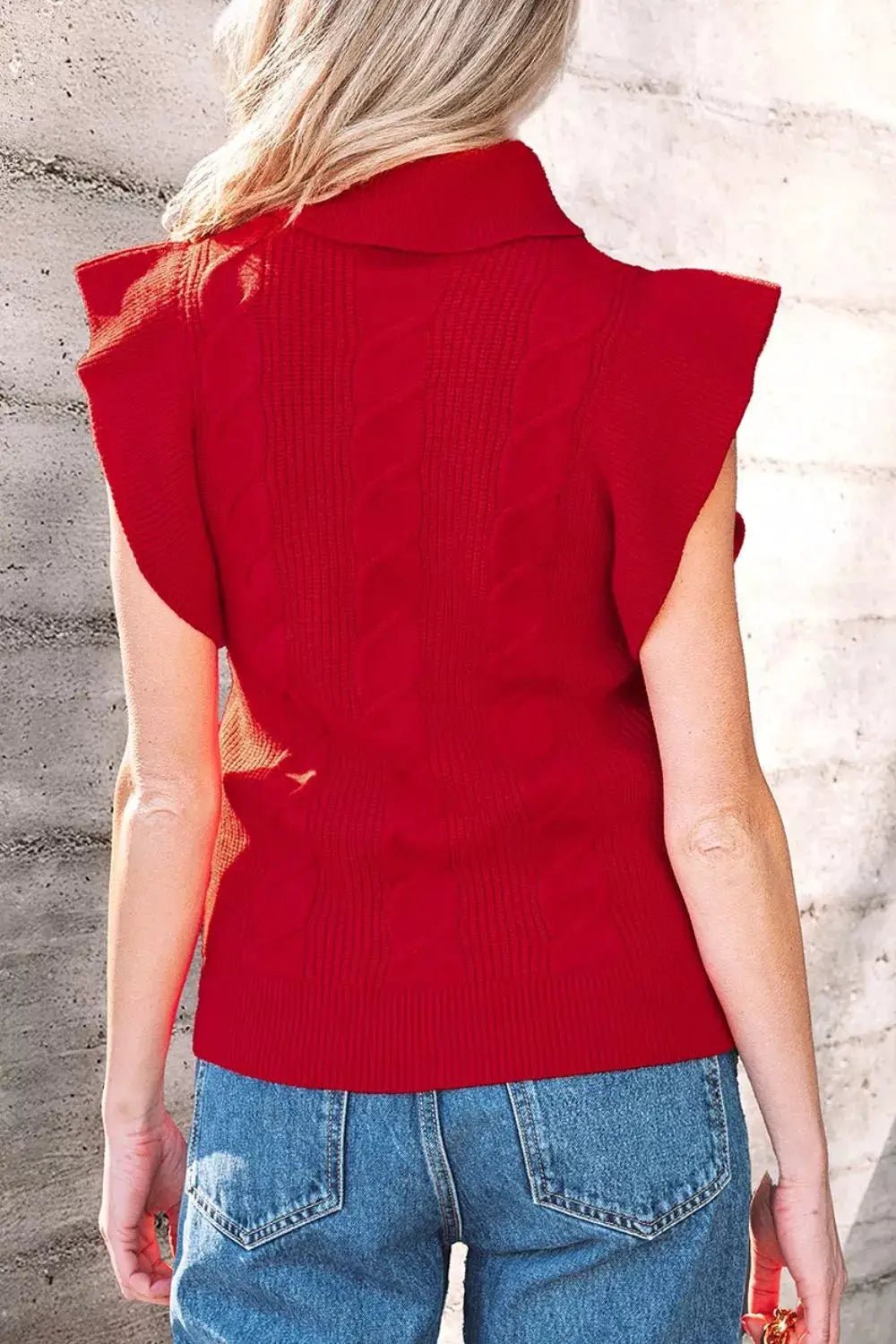 Red Cable Knit Turtleneck Ruffled Short Sleeve Sweater - Bitsy Gypsy Boutique