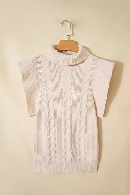 Red Cable Knit Turtleneck Ruffled Short Sleeve Sweater - Bitsy Gypsy Boutique