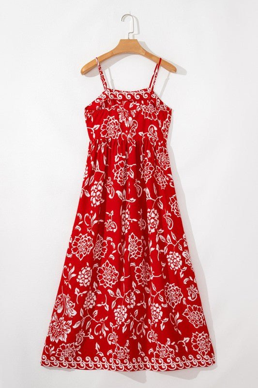 Red Floral Print Spaghetti Strap Empire Waist Maxi - Bitsy Gypsy Boutique