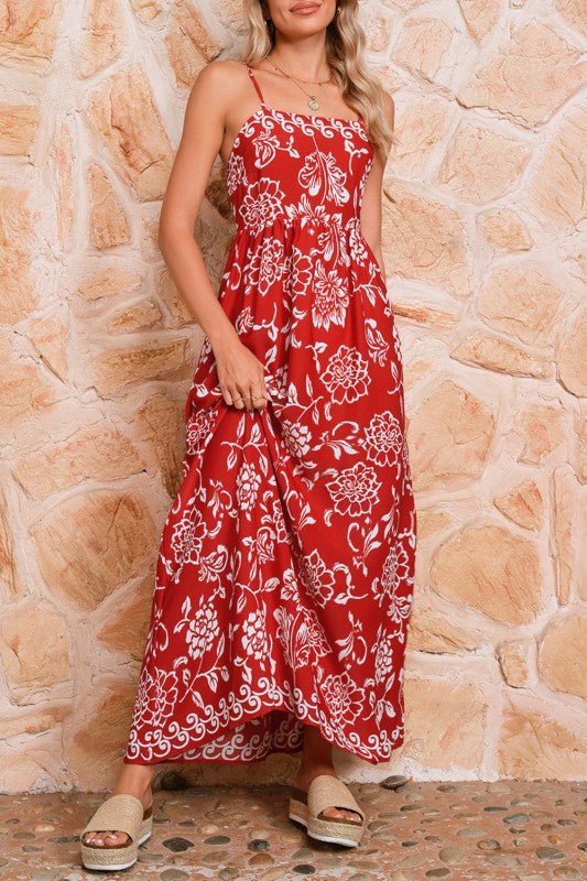 Red Floral Print Spaghetti Strap Empire Waist Maxi - Bitsy Gypsy Boutique