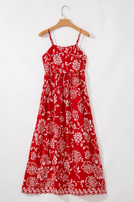 Red Floral Print Spaghetti Strap Empire Waist Maxi - Bitsy Gypsy Boutique