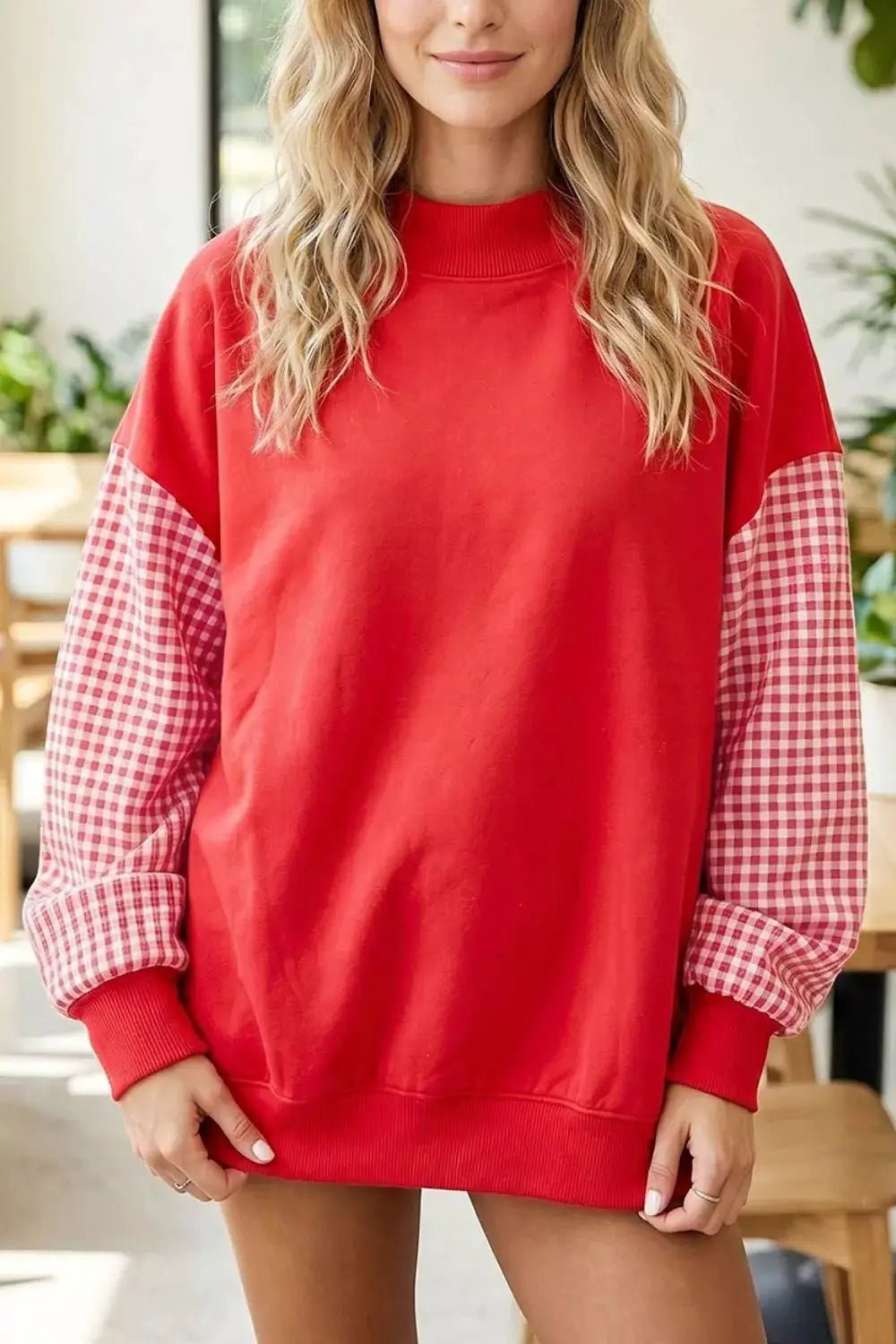 Red Gingham Contrast Sleeve Crew Neck Sweatshirt - Bitsy Gypsy Boutique