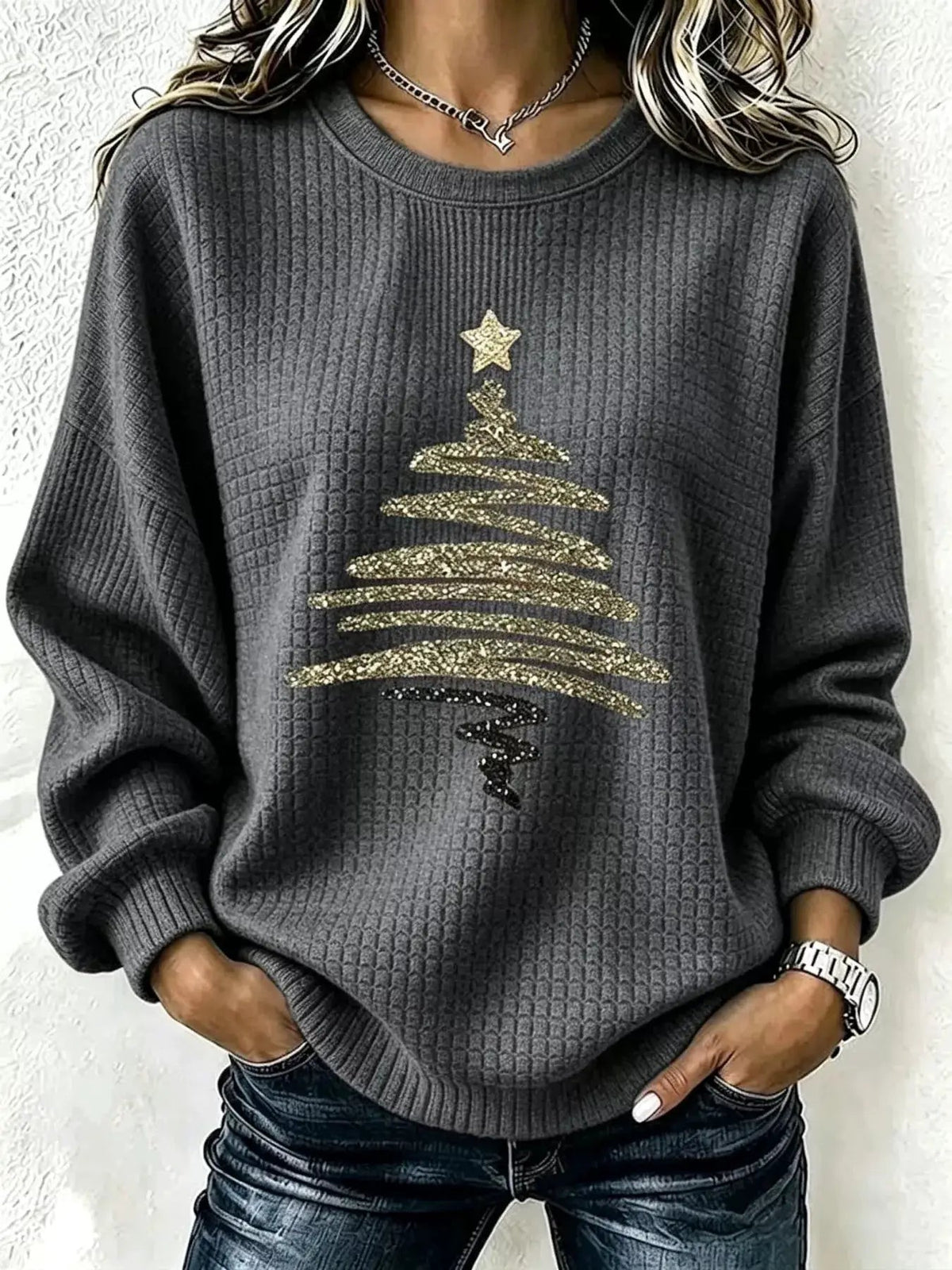 Red Glitter Christmas Tree Waffle Knit Sweatshirt - Bitsy Gypsy Boutique