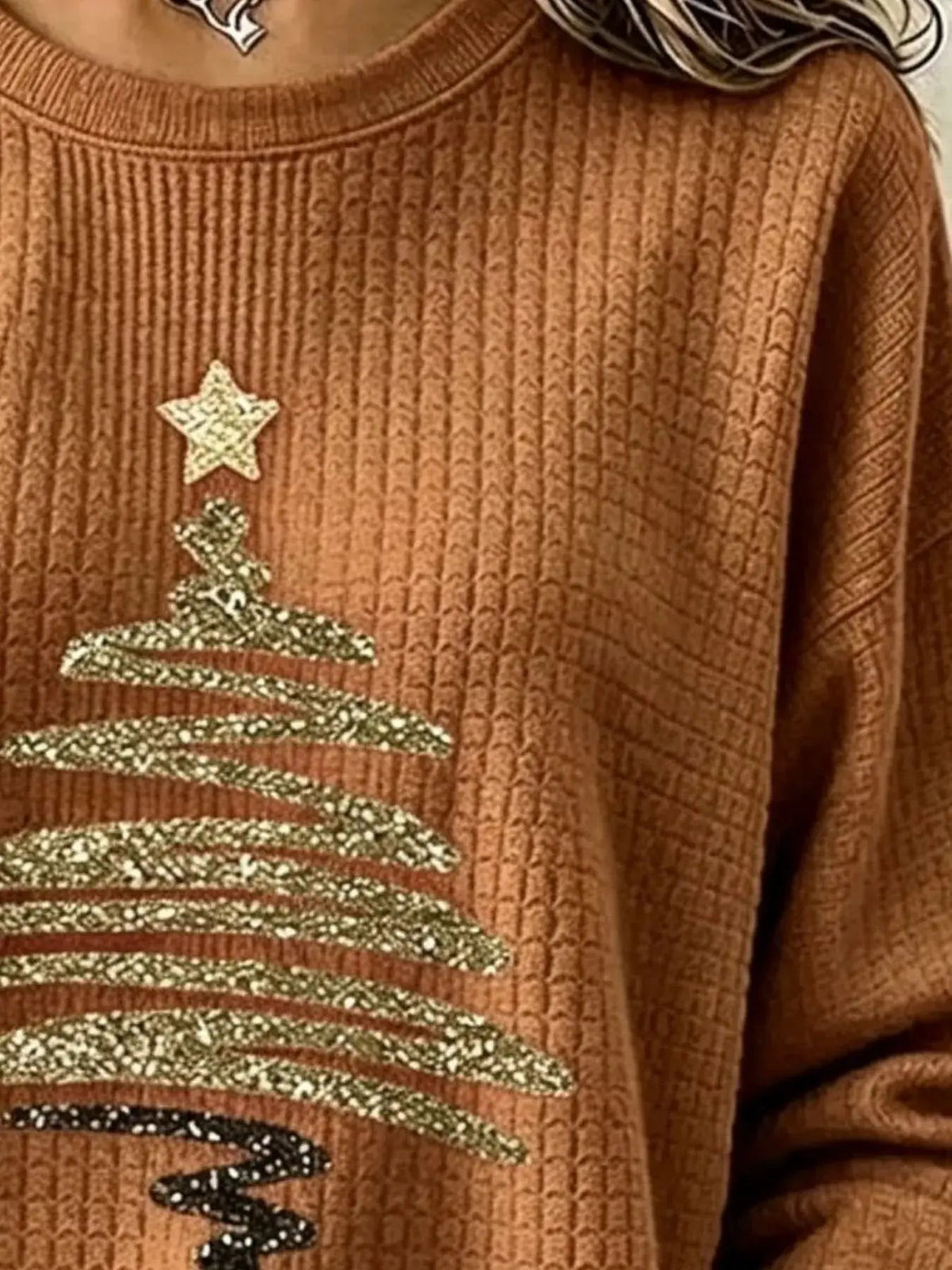 Red Glitter Christmas Tree Waffle Knit Sweatshirt - Bitsy Gypsy Boutique