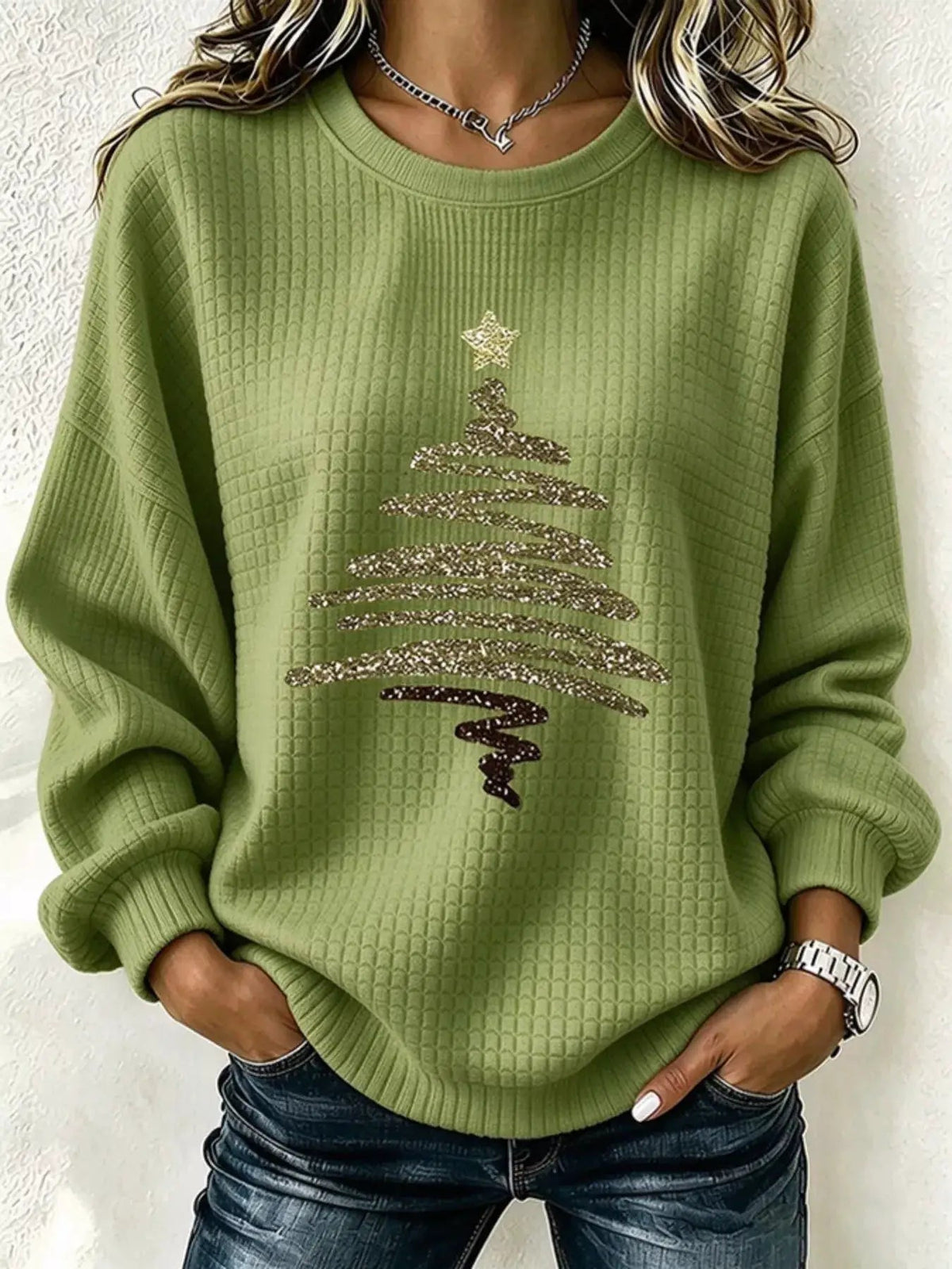 Red Glitter Christmas Tree Waffle Knit Sweatshirt - Bitsy Gypsy Boutique