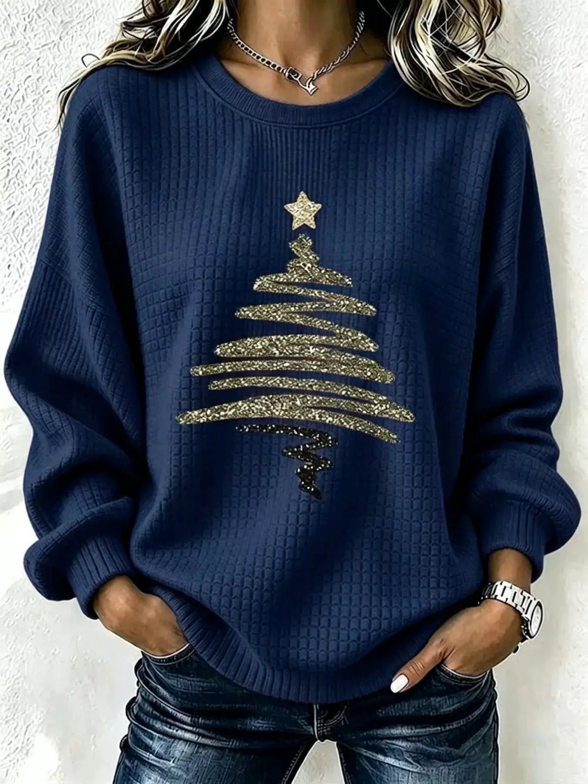 Red Glitter Christmas Tree Waffle Knit Sweatshirt - Bitsy Gypsy Boutique