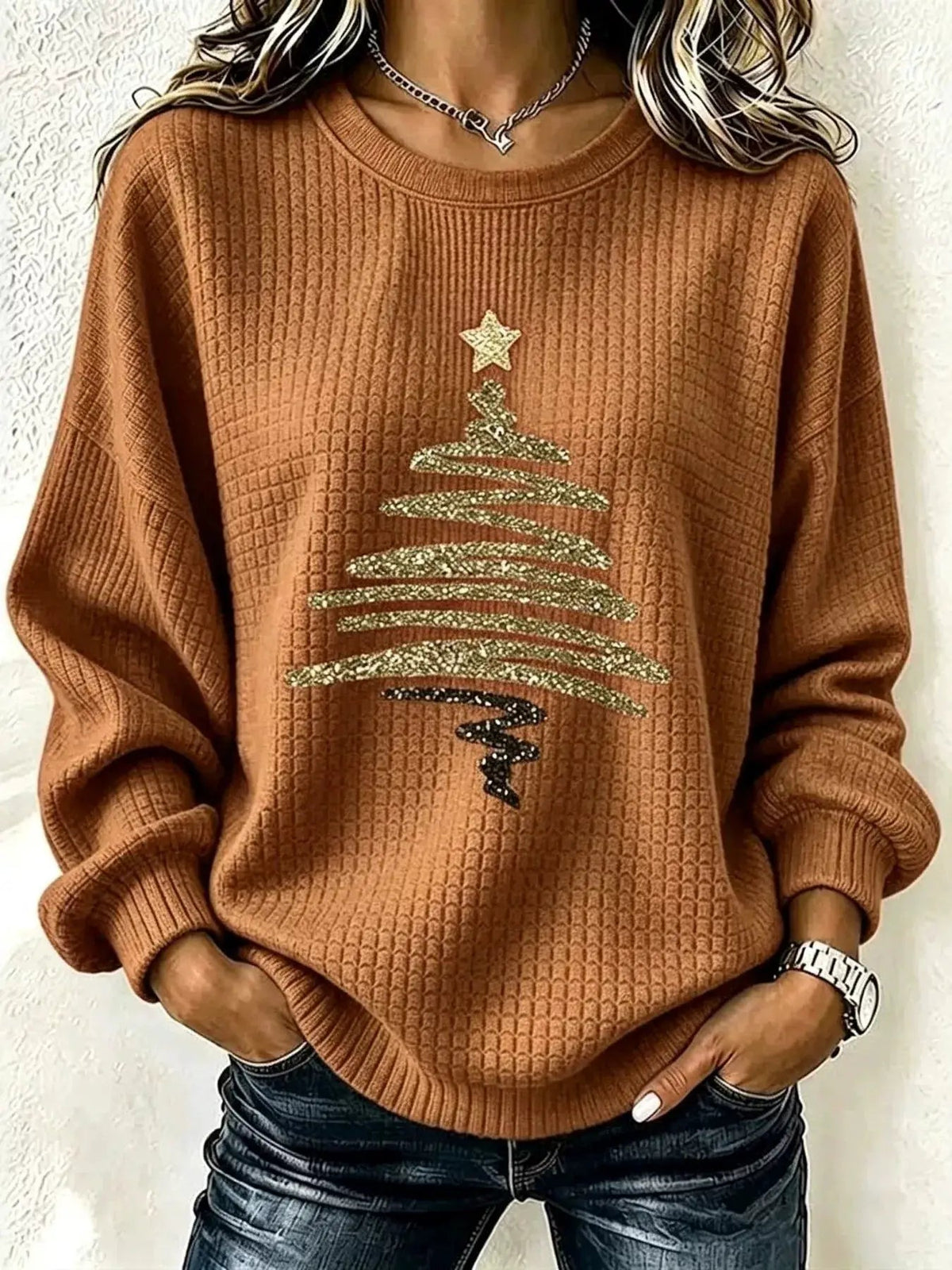Red Glitter Christmas Tree Waffle Knit Sweatshirt - Bitsy Gypsy Boutique
