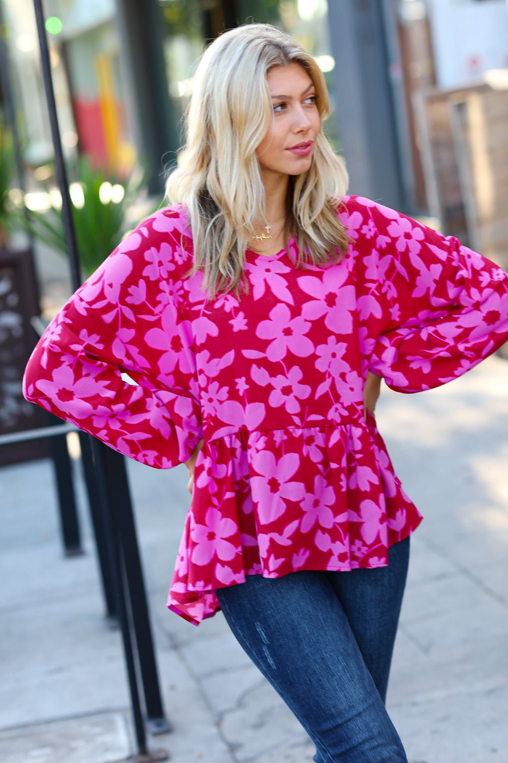 Red & Magenta Floral V Neck Woven Babydoll Top - Bitsy Gypsy Boutique