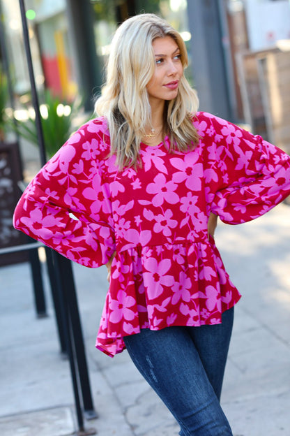 Red & Magenta Floral V Neck Woven Babydoll Top - Bitsy Gypsy Boutique