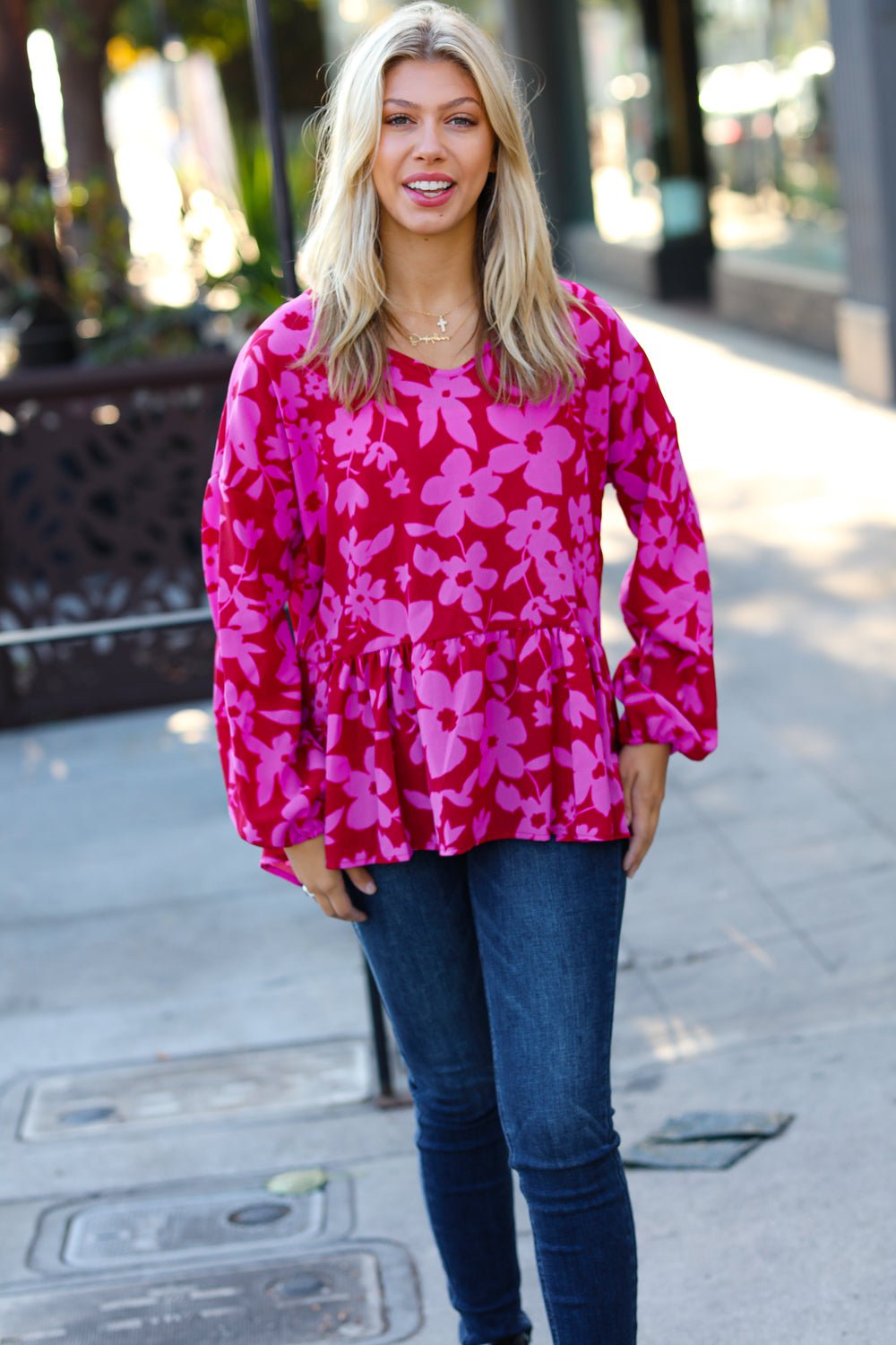 Red & Magenta Floral V Neck Woven Babydoll Top - Bitsy Gypsy Boutique