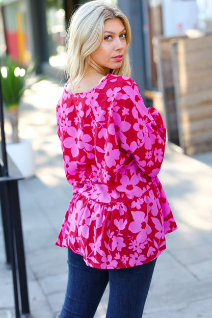 Red & Magenta Floral V Neck Woven Babydoll Top - Bitsy Gypsy Boutique