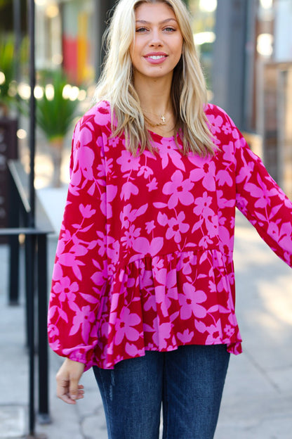 Red & Magenta Floral V Neck Woven Babydoll Top - Bitsy Gypsy Boutique