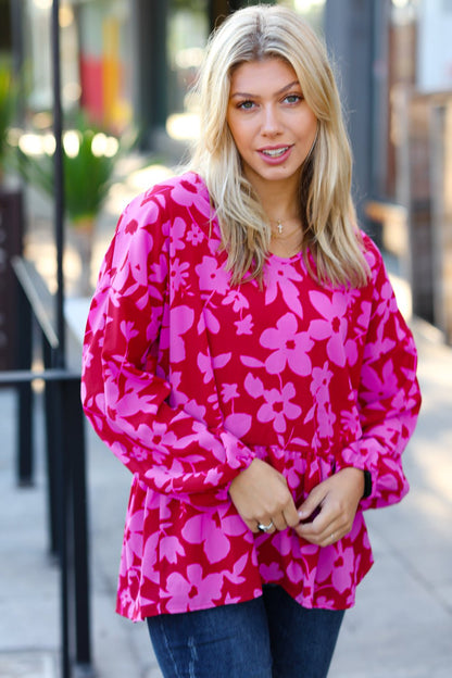 Red & Magenta Floral V Neck Woven Babydoll Top - Bitsy Gypsy Boutique