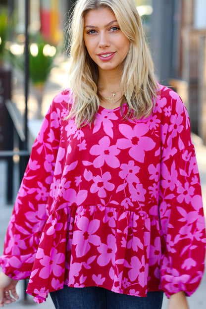 Red & Magenta Floral V Neck Woven Babydoll Top - Bitsy Gypsy Boutique