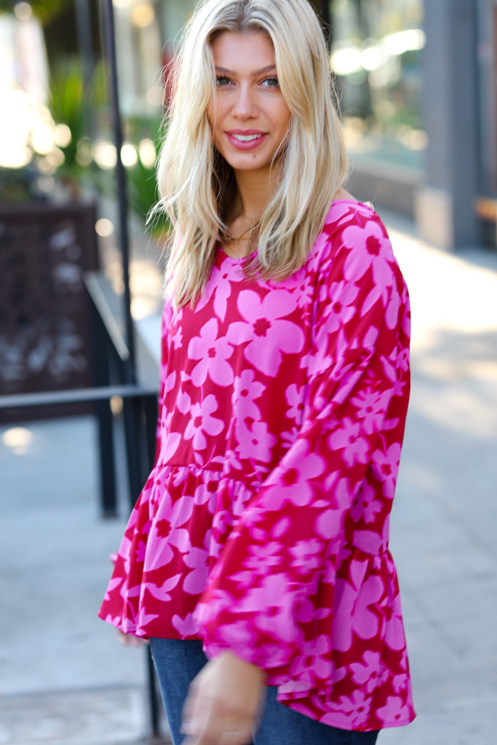 Red & Magenta Floral V Neck Woven Babydoll Top - Bitsy Gypsy Boutique