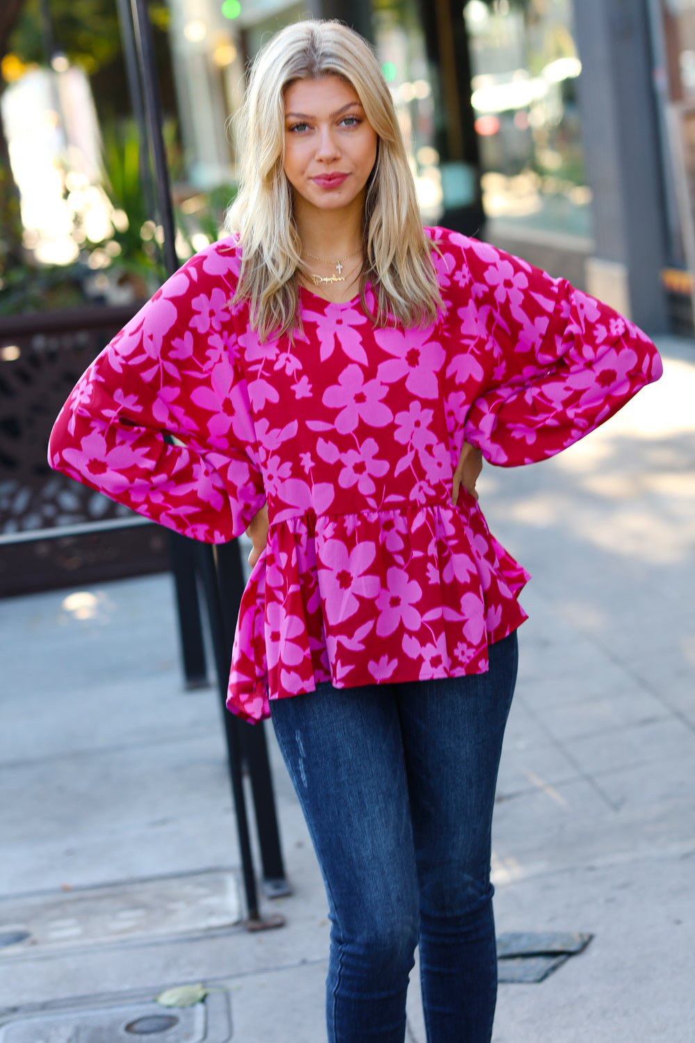 Red & Magenta Floral V Neck Woven Babydoll Top - Bitsy Gypsy Boutique