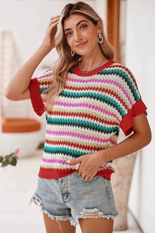 Red Pink Green stripe ruffle short sleeve knit top - Bitsy Gypsy Boutique