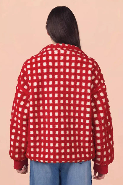 Red Plaid Zip Up Long Sleeve Pocketed Jacket - Bitsy Gypsy Boutique