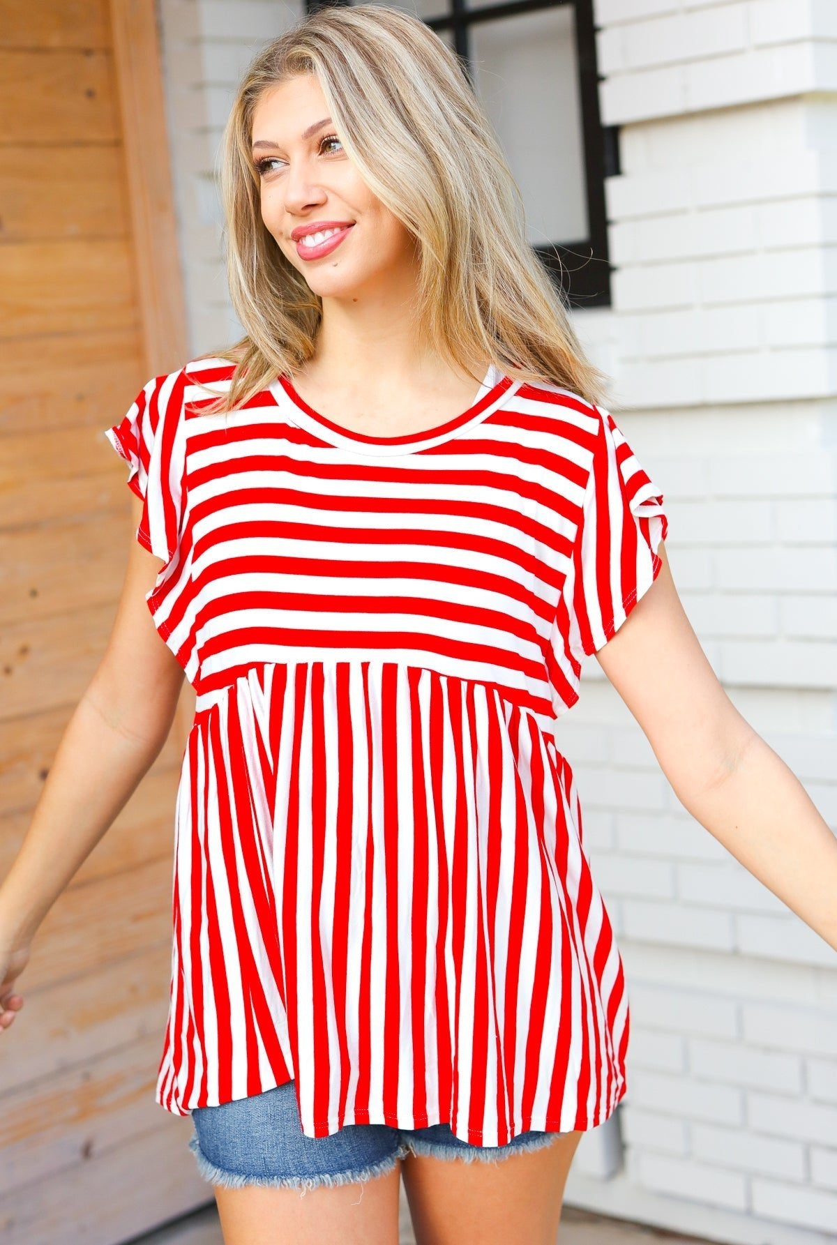 Red Stripe Babydoll Flutter Sleeve Top - Bitsy Gypsy Boutique