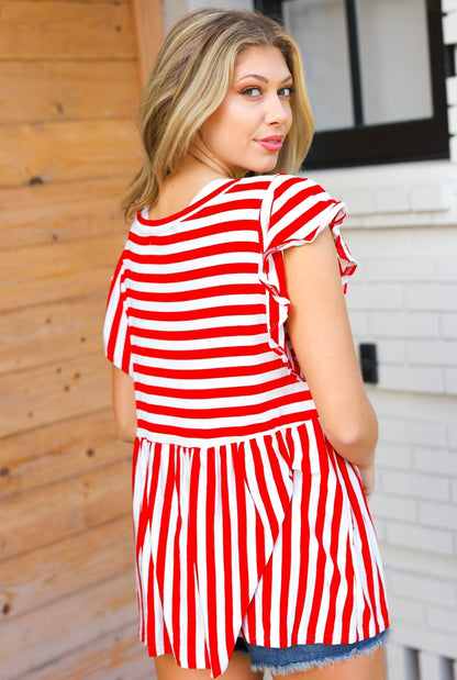 Red Stripe Babydoll Flutter Sleeve Top - Bitsy Gypsy Boutique