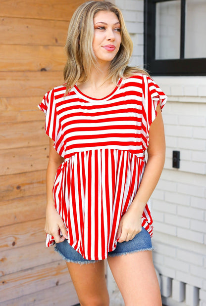 Red Stripe Babydoll Flutter Sleeve Top - Bitsy Gypsy Boutique